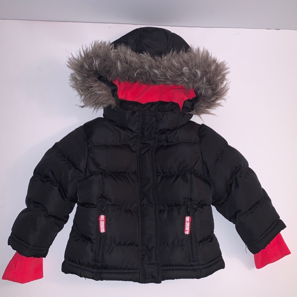 Cherokee Black & Hot Pink Puffer‎ Jacket w/Faux Fur Hood Size: 12M EUC